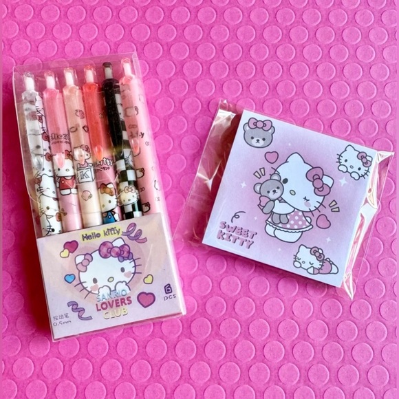 New Sanrio Hello Kitty 6-Pc Fine Tip Ballpoint Pen Set & Sticky Note Pad - Picture 1 of 6